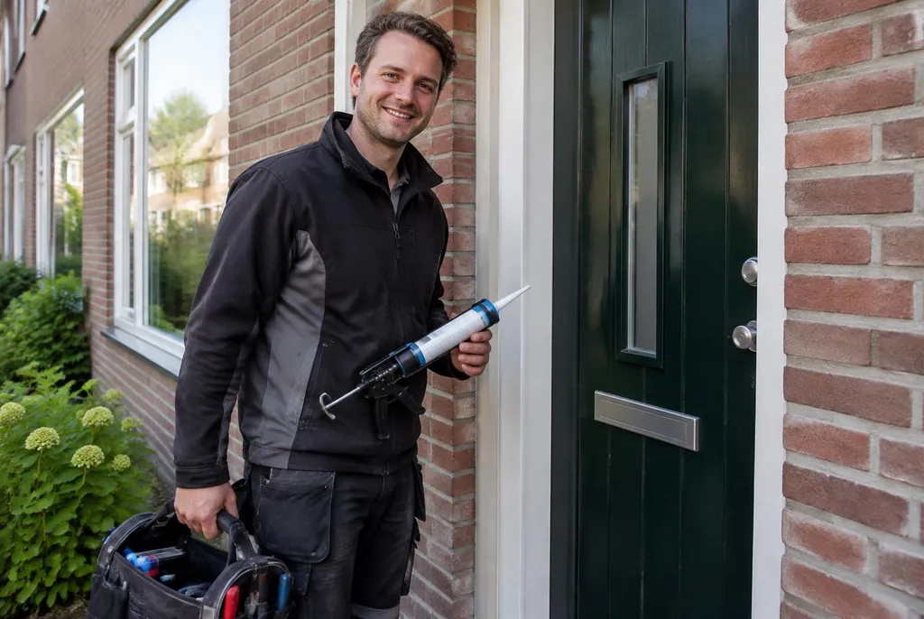 Vakman van Kitbedrijf Hoogeveen bij de voordeur van een woning
